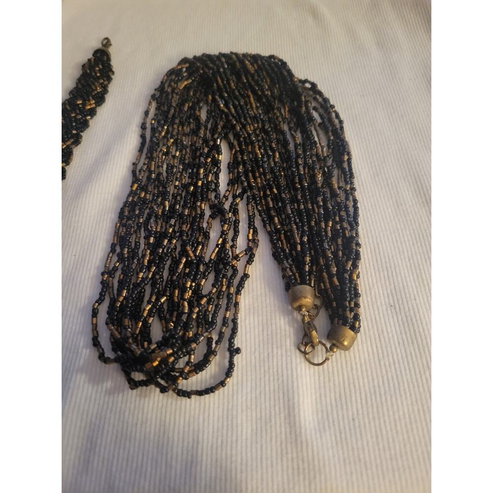 12 strand Beaded Necklace And Bracelet Set 27" Blck and gold beads - Picture 4 of 7